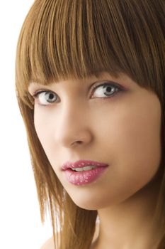 young cute woman with pink lipstick and water drops on her lips