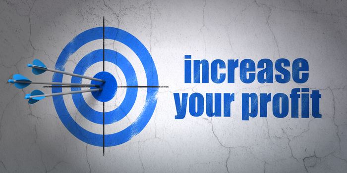 Success finance concept: arrows hitting the center of target, Blue Increase Your profit on wall background, 3d render