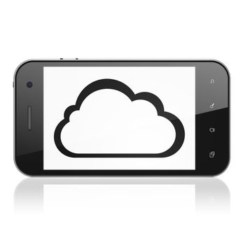 Cloud computing concept: smartphone with Cloud icon on display. Mobile smart phone on White background, cell phone 3d render