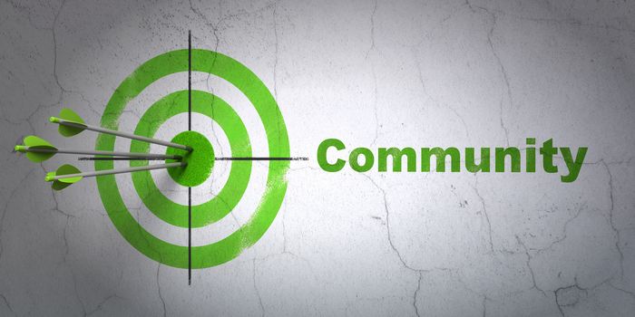 Success social media concept: arrows hitting the center of target, Green Community on wall background, 3d render