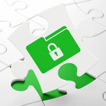 Business concept: Folder With Lock on White puzzle pieces background, 3d render