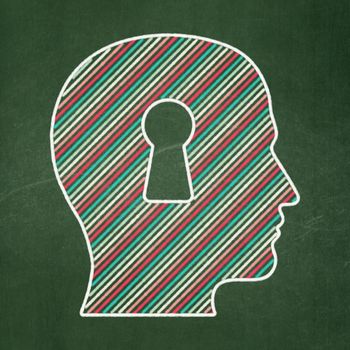Finance concept: Head With Keyhole icon on Green chalkboard background, 3d render