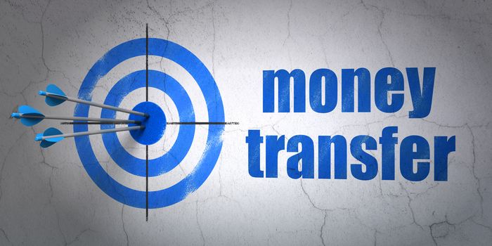 Success finance concept: arrows hitting the center of target, Blue Money Transfer on wall background, 3d render