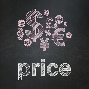 Advertising concept: Finance Symbol icon and text Price on Black chalkboard background, 3d render