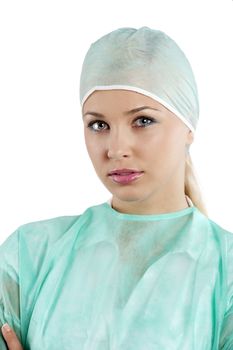 young beauty nurse in green operation dress with surgery cap