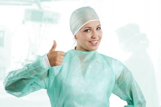 smiling a positive young beauty nurse in green operation dress with surgery cap