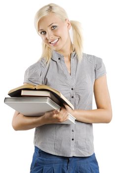 beautiful smiling student girl with some book over white