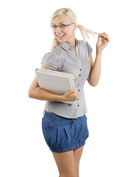 cute young blond student with book and glasses taking pose