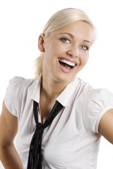 blond young and cute woman in formal dress like a secretary with white shirt and tie