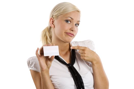 very cut blond girl showing a white card and making funny face