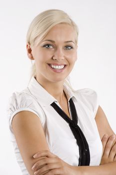 blond young and cute woman in formal dress like a secretary with white shirt and tie