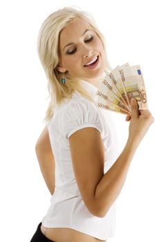 beauty blond woman in white shirt with a fan of euro money smiling and looking down