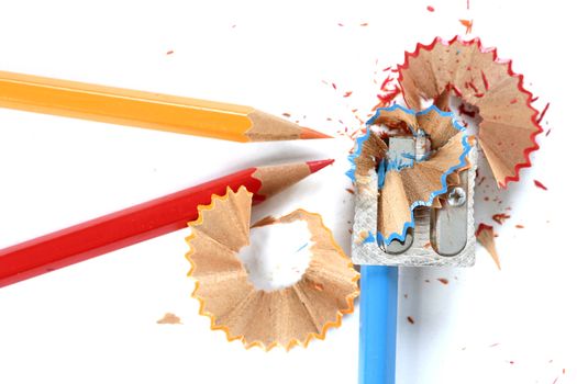 Close-up of pencils and sharpener.