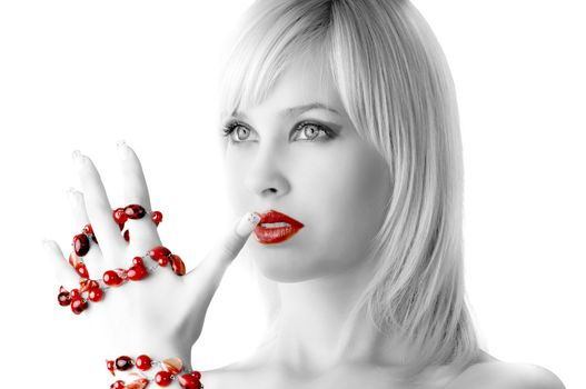 cute blond girl with glamor make up with red necklace