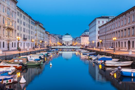 The huge church of St. Antonio Thaumaturgo is situated at the northern end of the Canale Grande. Its neo classical front facade and the cupola represents one of the emblems of the Trieste, city and seaport in northeastern Italy, Europe.