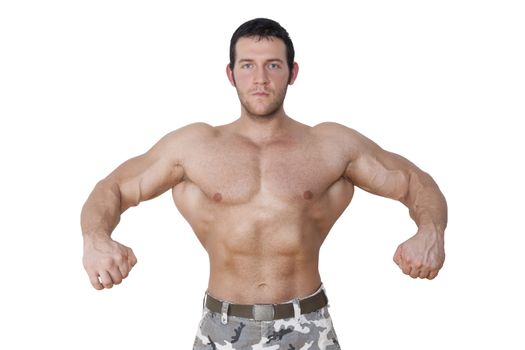 Huge shirtless bodybuilder posing isolated on white background. Extreme fitness background.