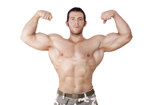 Muscular young man isolated on white background, posing. Extreme fitness & bodybuilding concept.