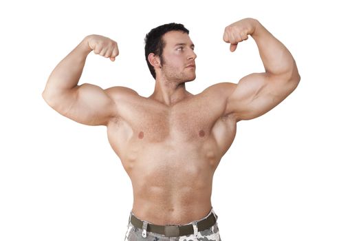 Young caucasian shirtless model with muscular body posing isolated on white background with Clipping path. Muscle and Fitness Concept.
