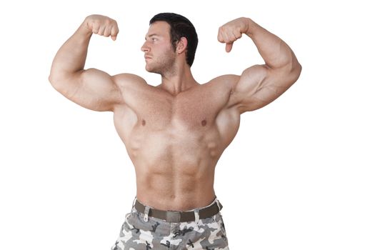 Young sexy shirtless bodybuilder posing isolated on white background with clipping path. Sport, Fitness, Muscle and Health Concept.