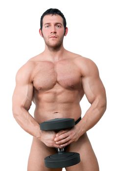 Sexy shirtless bodybuilder holding black dumbbell isolated on white background. Fitness, sport and health concept.