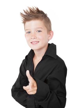Young charming boy pointing isolated on white background. I want you.
