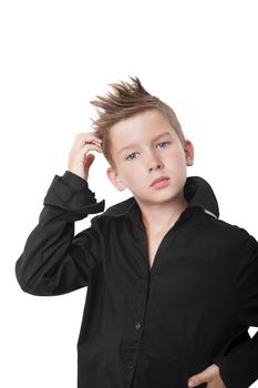 Cute boy touching his head and thinking isolated on white background.