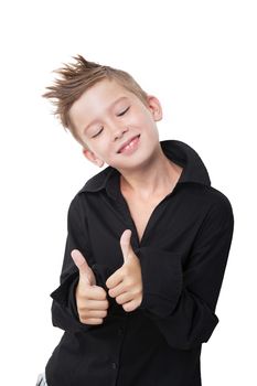 Charming boy with modern haircut showing thumbs up isolated on white background.
