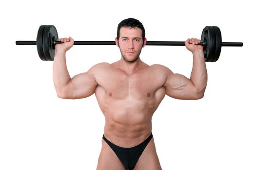 Sexy bodybuilder lifting barbell isolated on white background. Sports and fitness concept.