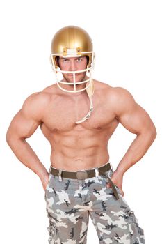 Sexy shirtless caucasian american football player isolated on white background. Muscular Young Man Wearing Helmet.