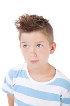Portrait of young casual charming boy with cool haircut isolated on white background. 