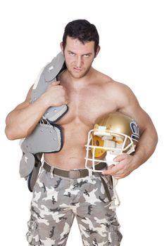 Big shirtless sexy football player with protection and helmet angry looking into the camera isolated on white background. Sport and Fitness concept.