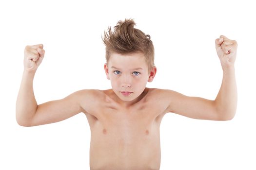 Charming small caucasian topless boy showing muscle isolated on white background. Healthy lifestyle concept.