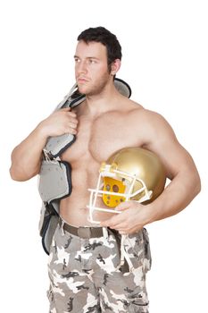 Sexy shirtless muscular american football player posing isolated on white background. Sport and Fitness concept.