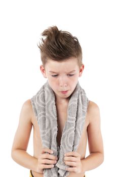 Boy with towel isolated on white background. Morning hygiene concept.