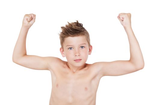 Charming young shirtless boy posing and showing muscle. Funny morning hygiene concept.