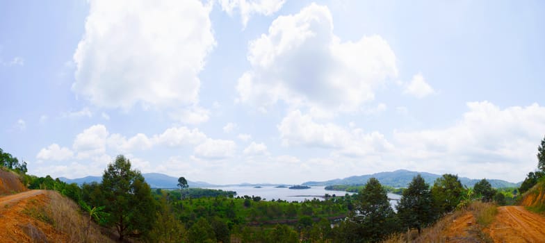 panorama scenic view mountains, islands and forests. Sky is cloudy. During the day, Thailand