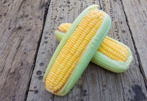 Fresh corn on old wood background