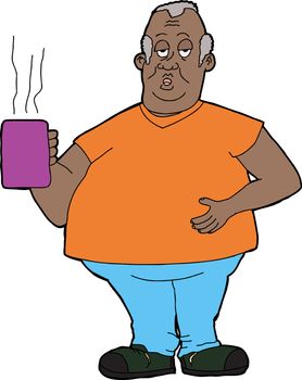 Tired middle aged man holding cup of coffee