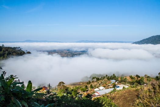 Misty fog over mountain,This place is KhaoKo in Petchaboon Province,Thailand
