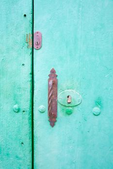 Green vintage door with old rusty locks.