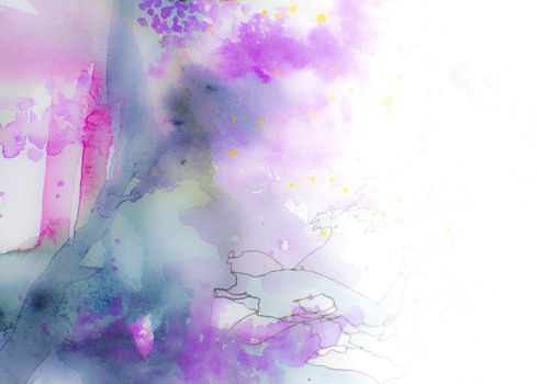 Colorful watercolor background or margin in soft pastel shades of pink, blue and purple with some ink details. Fading out into isolated white on the right.