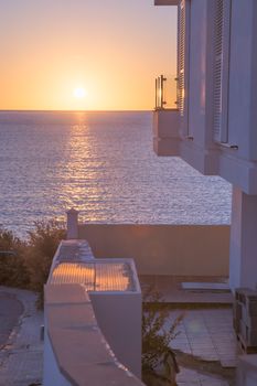 Mediterranean seaside luxury property at sunset in Sant Elm, Majorca, Balearic islands, Spain.