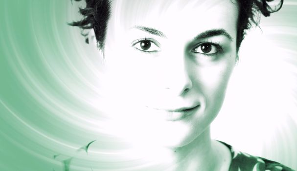 Woman face over ray of light background.