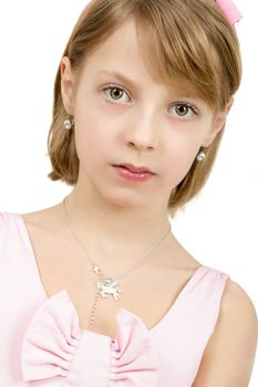 Studio portrait of young beautiful girl with nice eyes on white background