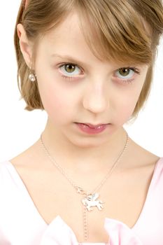 Studio portrait of young beautiful girl with nice eyes on white background