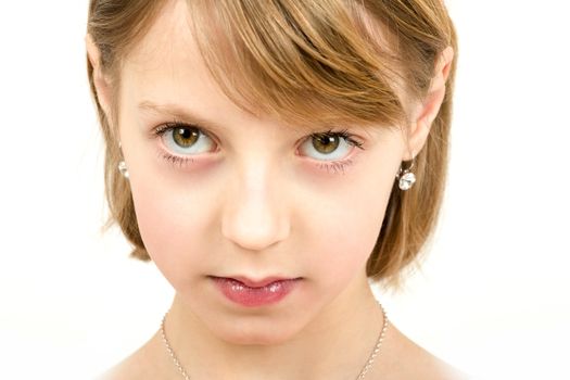 Studio portrait of young beautiful girl with nice eyes on white background