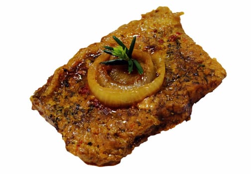 grilled pork steak with onion sauce on white background