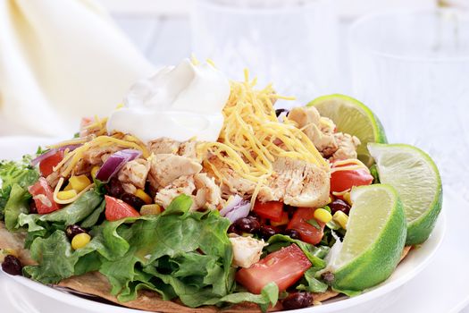 Chicken Tostadas with black bean and corn salsa. Shallow depth of field.