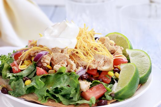 Chicken Tostadas with black bean and corn salsa. Shallow depth of field.