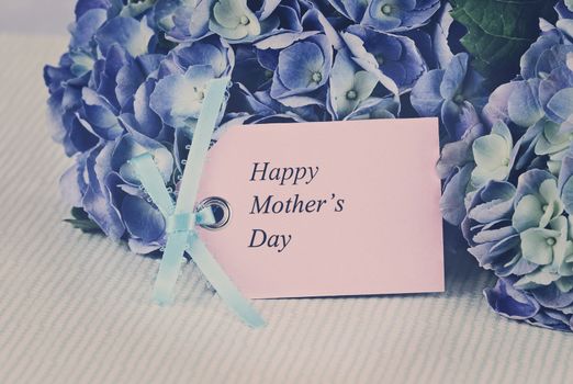 Mothers Day card and flowers over with beautiful hydrangeas and room for your text. Shallow depth of field.